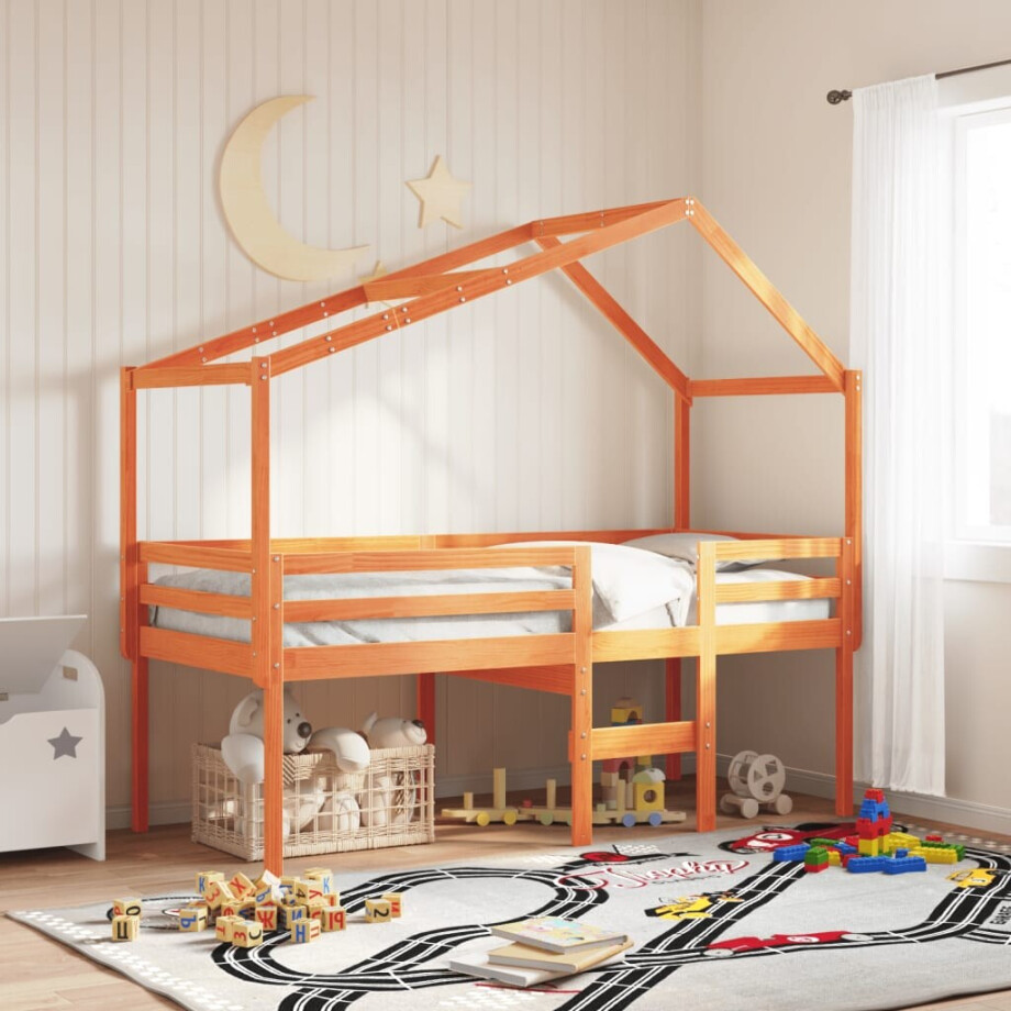 vidaXL Hoogslaper met dak massief grenenhout wasbruin 90x200 cm vidaXL Hoogslaper met dak massief grenenhout wasbruin 90x200 cm afbeelding 1