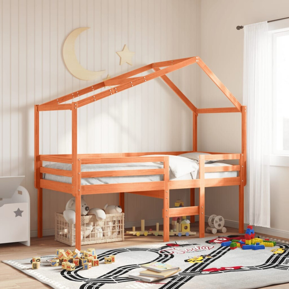 vidaXL Hoogslaper met dak massief grenenhout wasbruin 75x190 cm vidaXL Hoogslaper met dak massief grenenhout wasbruin 75x190 cm afbeelding 1