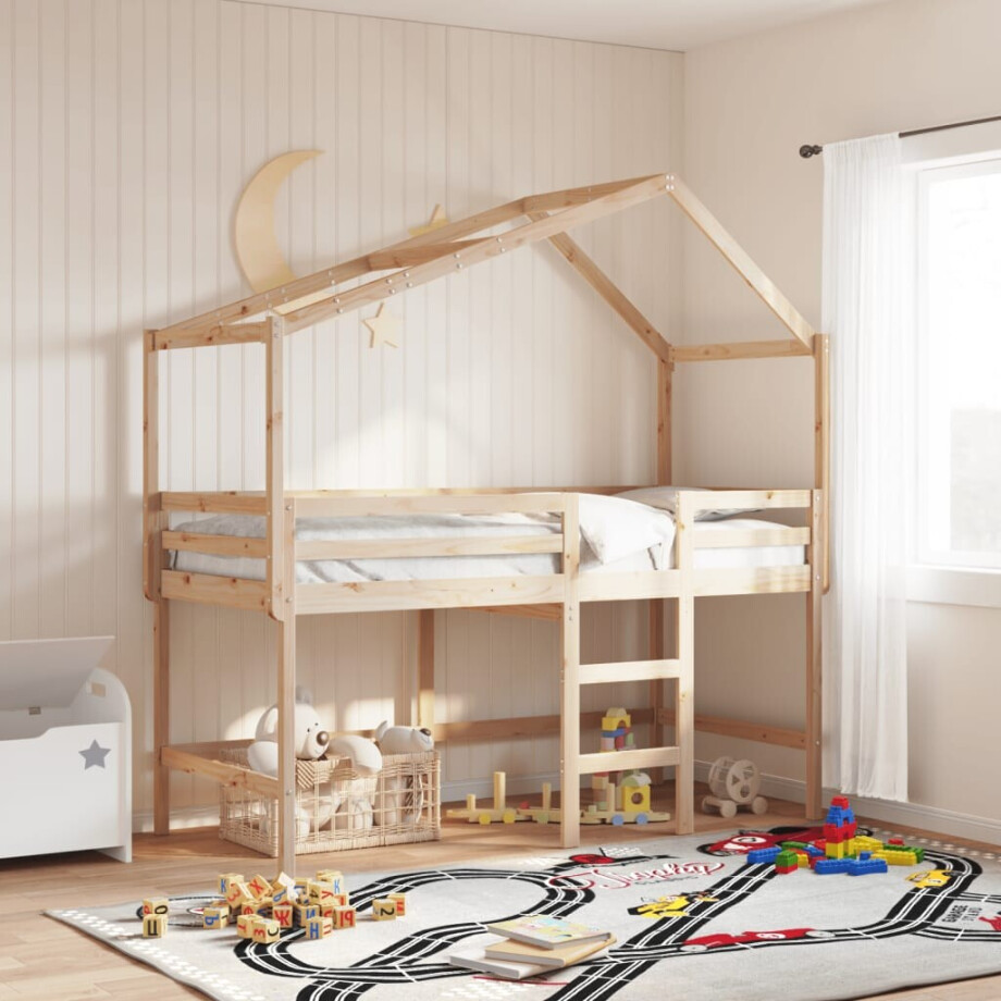 vidaXL Halfhoogslaper met ladder en bedhuis grenenhout 90x190 cm vidaXL Halfhoogslaper met ladder en bedhuis grenenhout 90x190 cm afbeelding 1