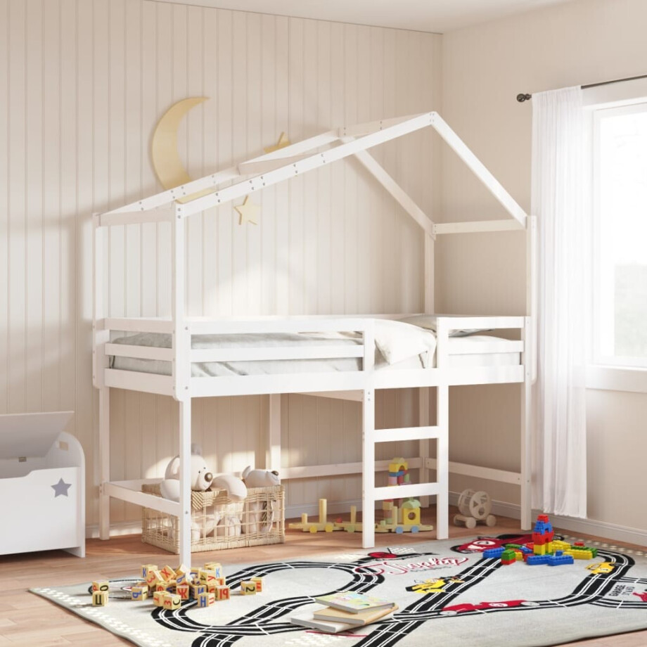 vidaXL Halfhoogslaper met ladder en bedhuis grenenhout wit 90x190 cm afbeelding 1