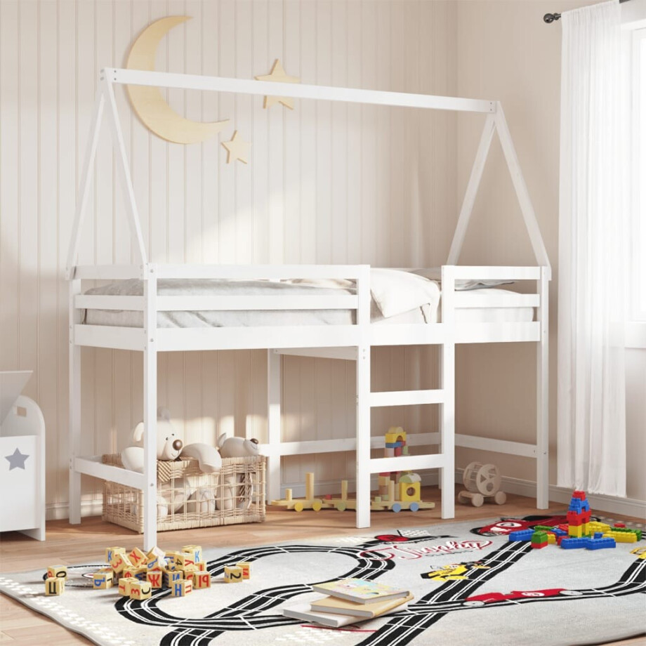 vidaXL Halfhoogslaper met ladder en bedhuis grenenhout wit 90x190 cm afbeelding 1