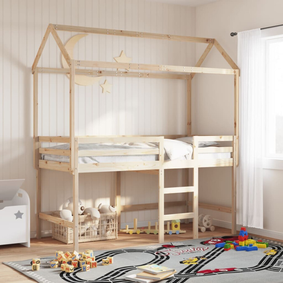 vidaXL Halfhoogslaper met ladder en bedhuis grenenhout 90x190 cm vidaXL Halfhoogslaper met ladder en bedhuis grenenhout 90x190 cm afbeelding 1