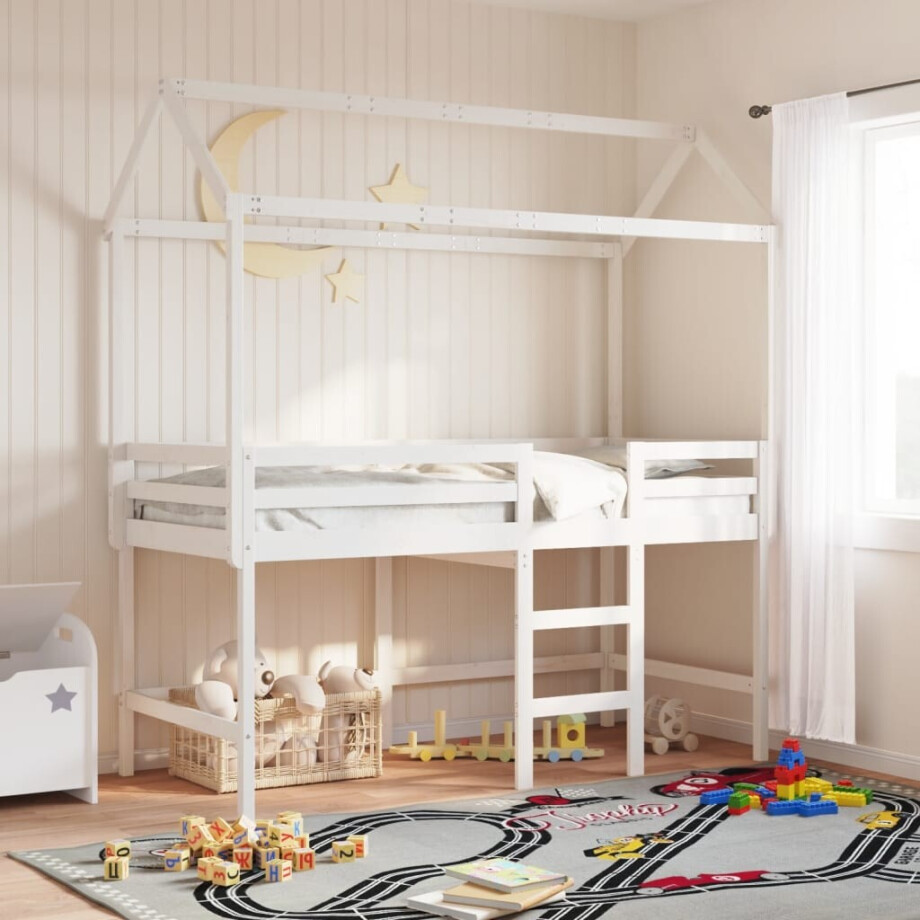 vidaXL Halfhoogslaper met ladder en bedhuis grenenhout wit 90x190 cm afbeelding 1