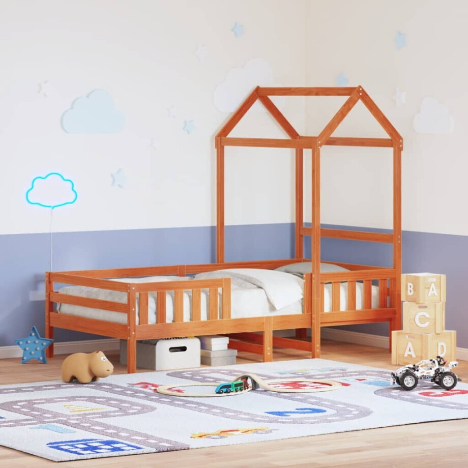 vidaXL Bedframe met huisje massief grenenhout wasbruin 100x200 cm afbeelding 1