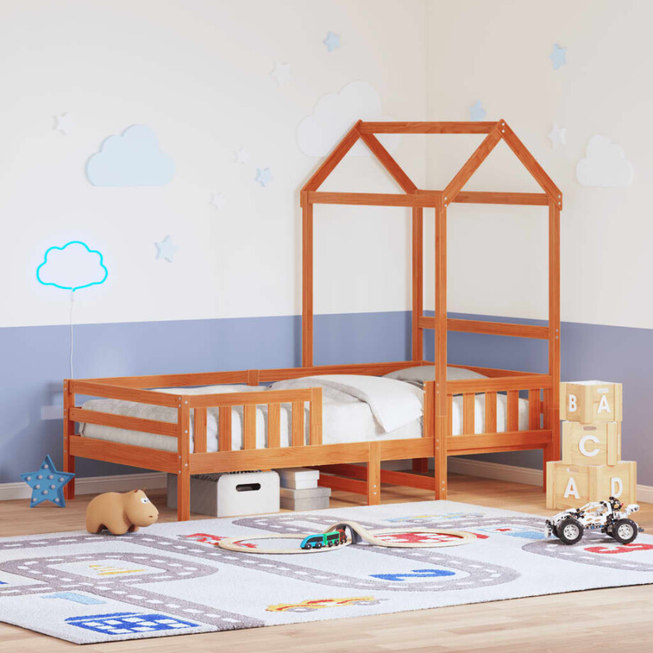 vidaXL Bedframe met huisje massief grenenhout wasbruin 75x190 cm afbeelding 1
