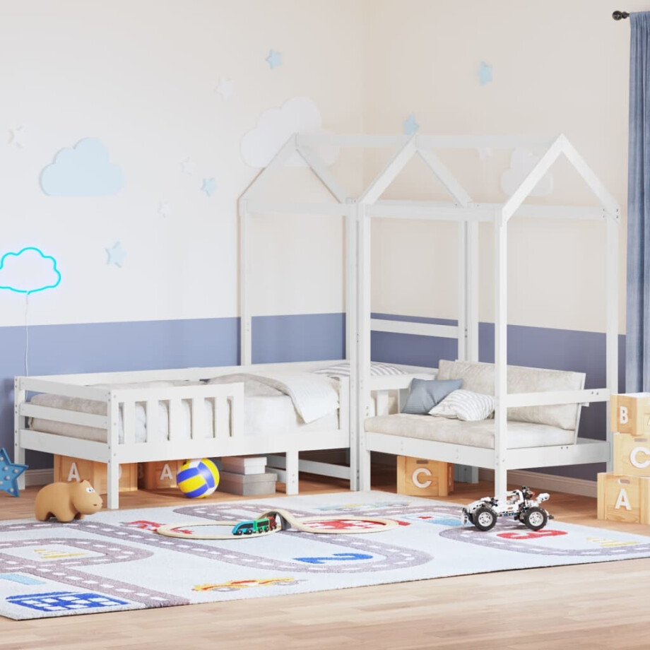 vidaXL Kinderbed met huisje en bankje massief grenenhout wit 80x200 cm afbeelding 1
