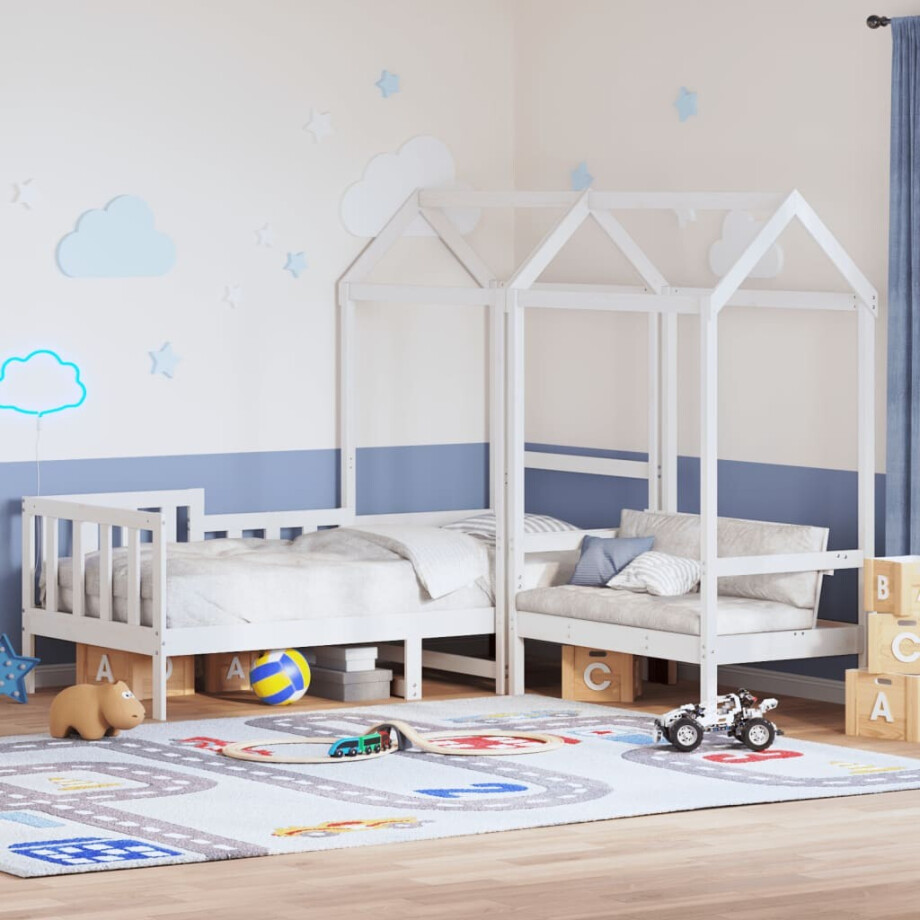 vidaXL Kinderbed met huisje en bankje massief grenenhout wit 80x200 cm afbeelding 1