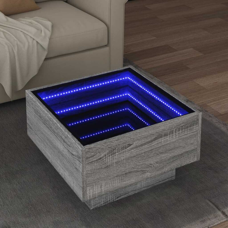 vidaXL Salontafel met LED 50x50x30 cm bewerkt hout grijs sonoma eiken afbeelding 1