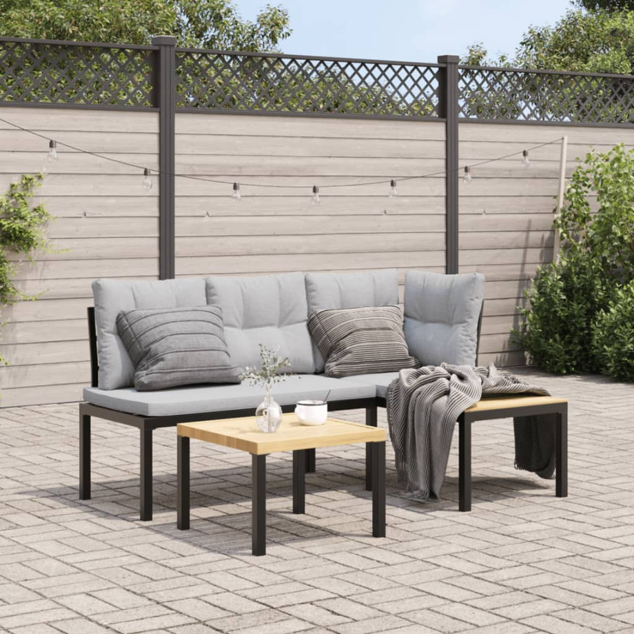 vidaXL 3-delige Loungeset met kussens gepoedercoat staal zwart afbeelding 1