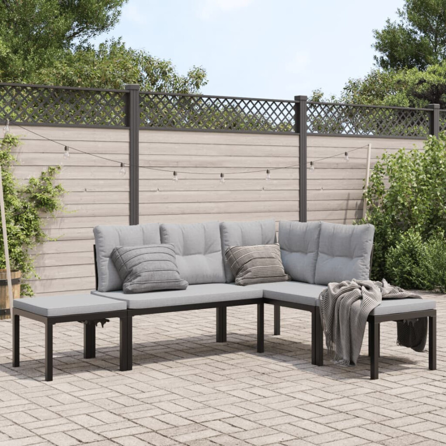 vidaXL 4-delige Loungeset met kussens gepoedercoat staal zwart vidaXL 4-delige Loungeset met kussens gepoedercoat staal zwart afbeelding 1