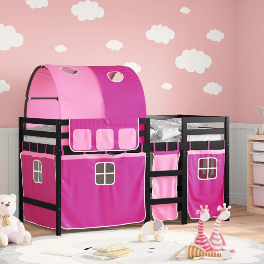 vidaXL Kinderhoogslaper met tunnel 80x200 cm massief grenenhout roze afbeelding 1