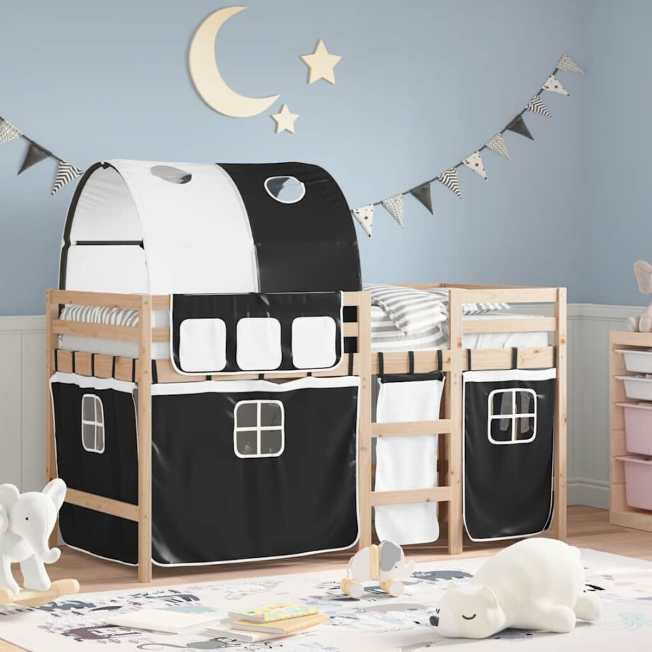 vidaXL Kinderhoogslaper met tunnel 90x190 cm grenenhout wit en zwart afbeelding 1