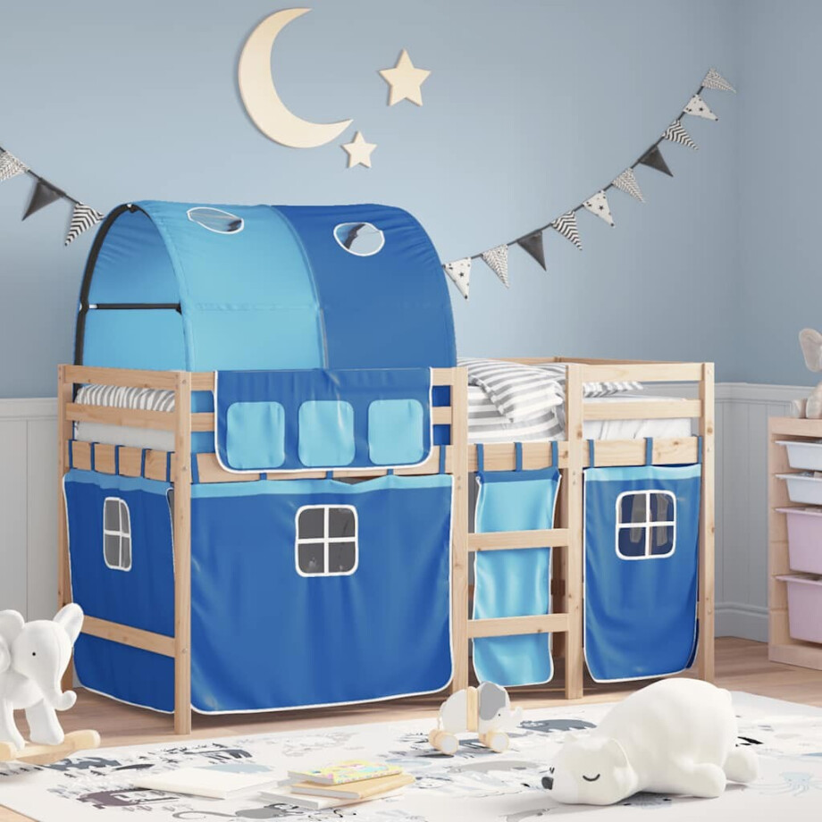 vidaXL Kinderhoogslaper met tunnel 90x190 cm massief grenenhout blauw afbeelding 1