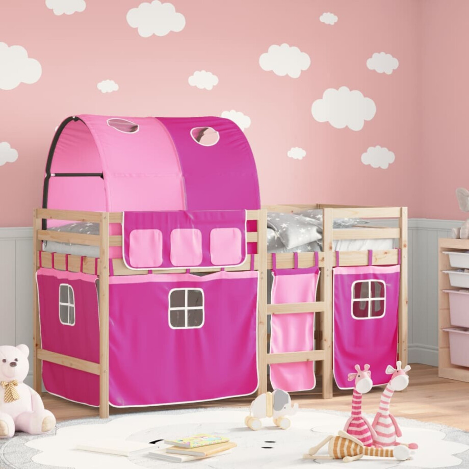 vidaXL Kinderhoogslaper met tunnel 90x190 cm massief grenenhout roze afbeelding 1