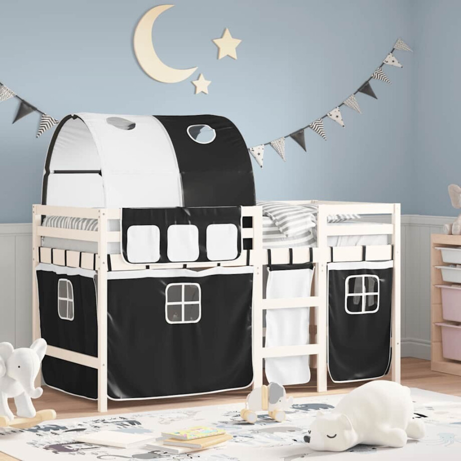vidaXL Kinderhoogslaper met tunnel 90x190 cm grenenhout wit en zwart afbeelding 1