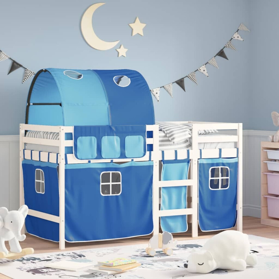 vidaXL Kinderhoogslaper met tunnel 90x190 cm massief grenenhout blauw afbeelding 1