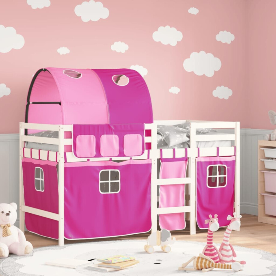 vidaXL Kinderhoogslaper met tunnel 90x190 cm massief grenenhout roze afbeelding 1