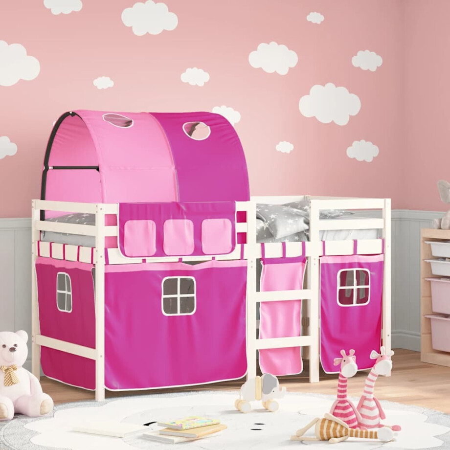 vidaXL Kinderhoogslaper met tunnel 90x190 cm massief grenenhout roze vidaXL Kinderhoogslaper met tunnel 90x190 cm massief grenenhout roze afbeelding 1