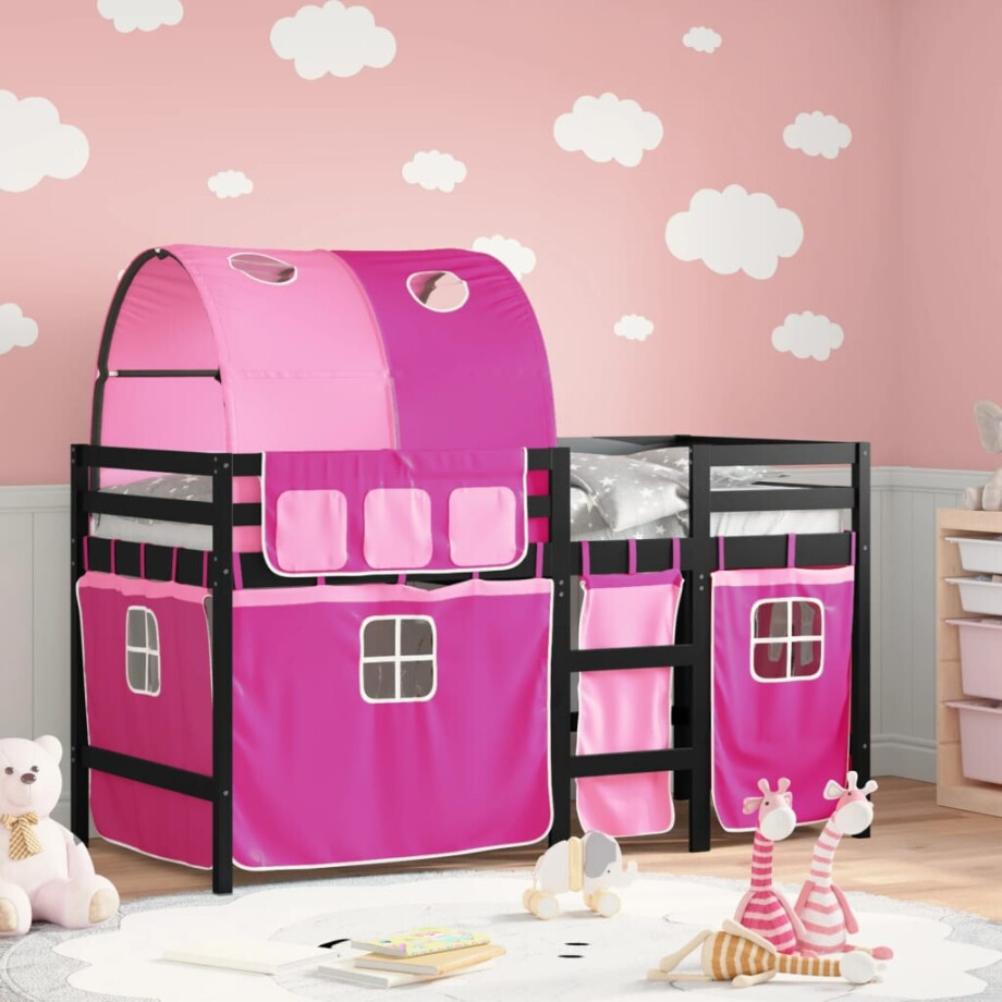 vidaXL Kinderhoogslaper met tunnel 90x190 cm massief grenenhout roze afbeelding 1
