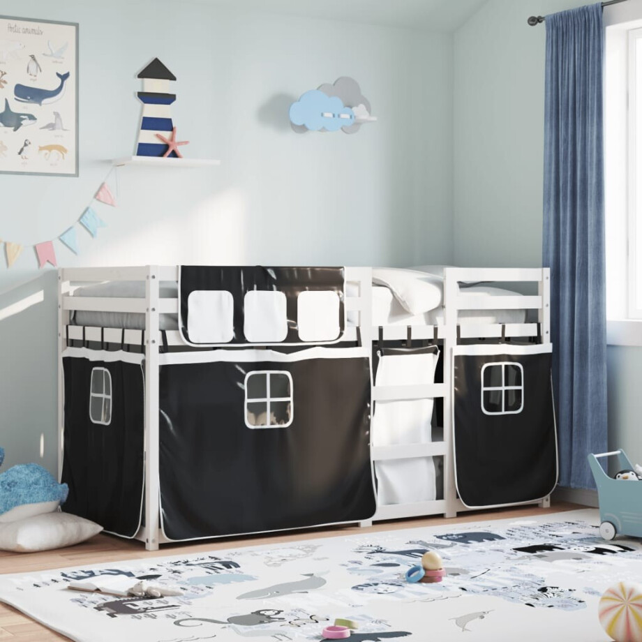 vidaXL Stapelbed met gordijnen 90x190 cm grenenhout wit en zwart afbeelding 1