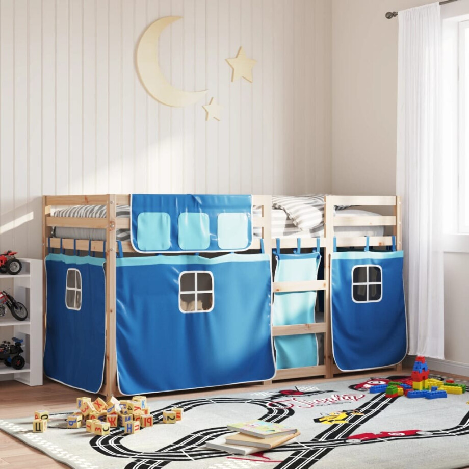 vidaXL Stapelbed met gordijnen 75x190 cm massief grenenhout blauw afbeelding 1