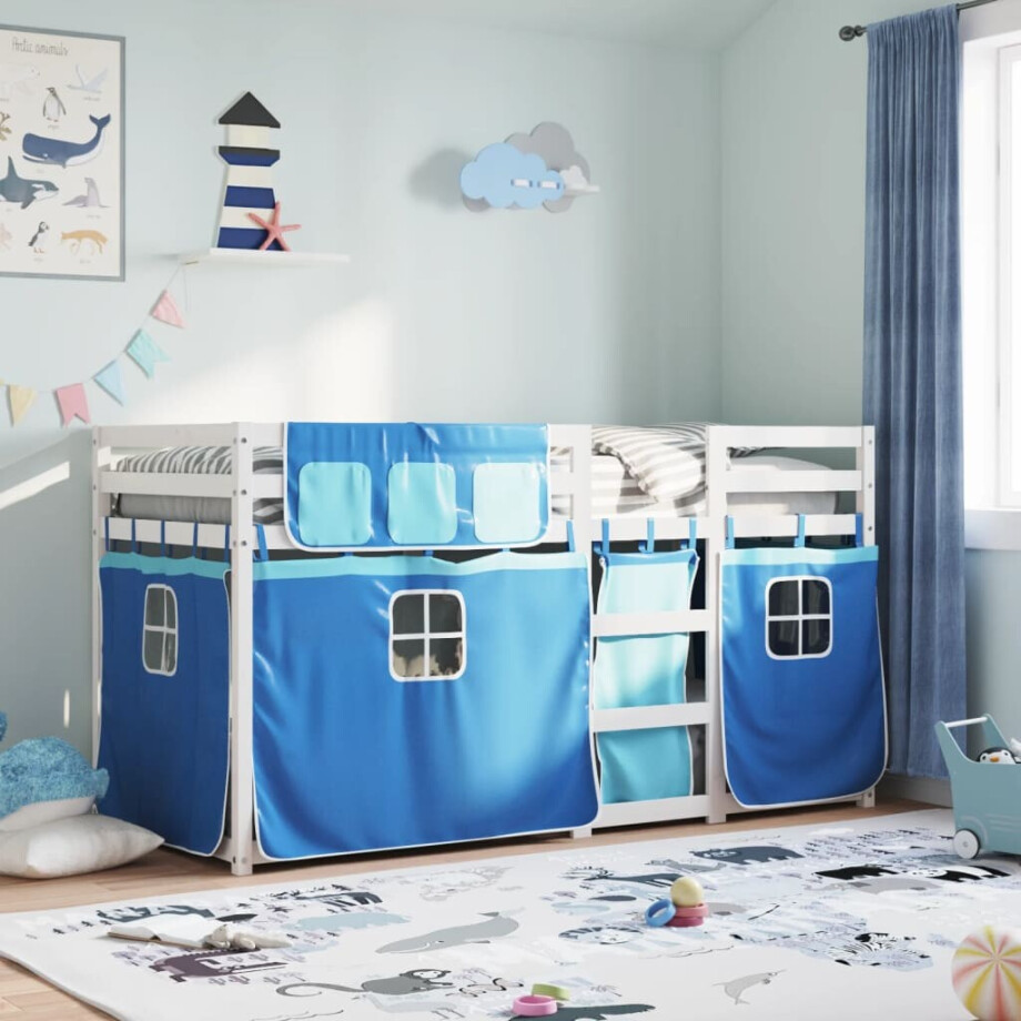 vidaXL Stapelbed met gordijnen 75x190 cm massief grenenhout blauw afbeelding 1