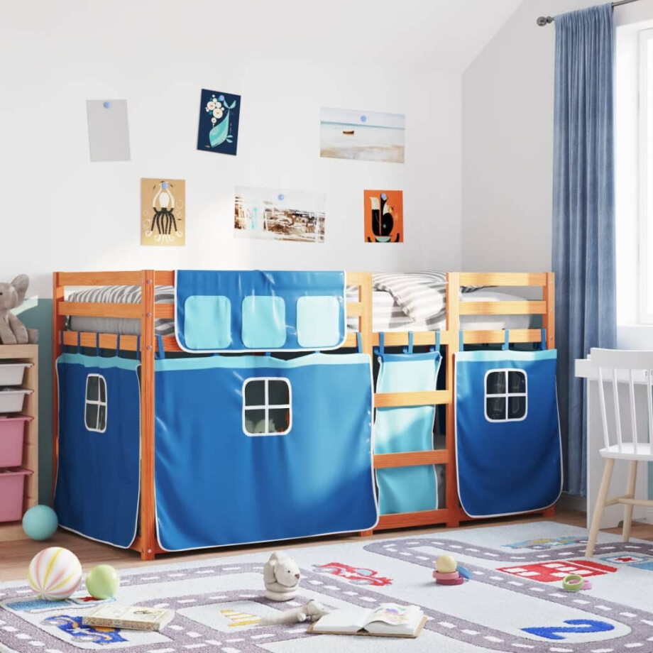 vidaXL Stapelbed met gordijnen 75x190 cm massief grenenhout blauw afbeelding 1