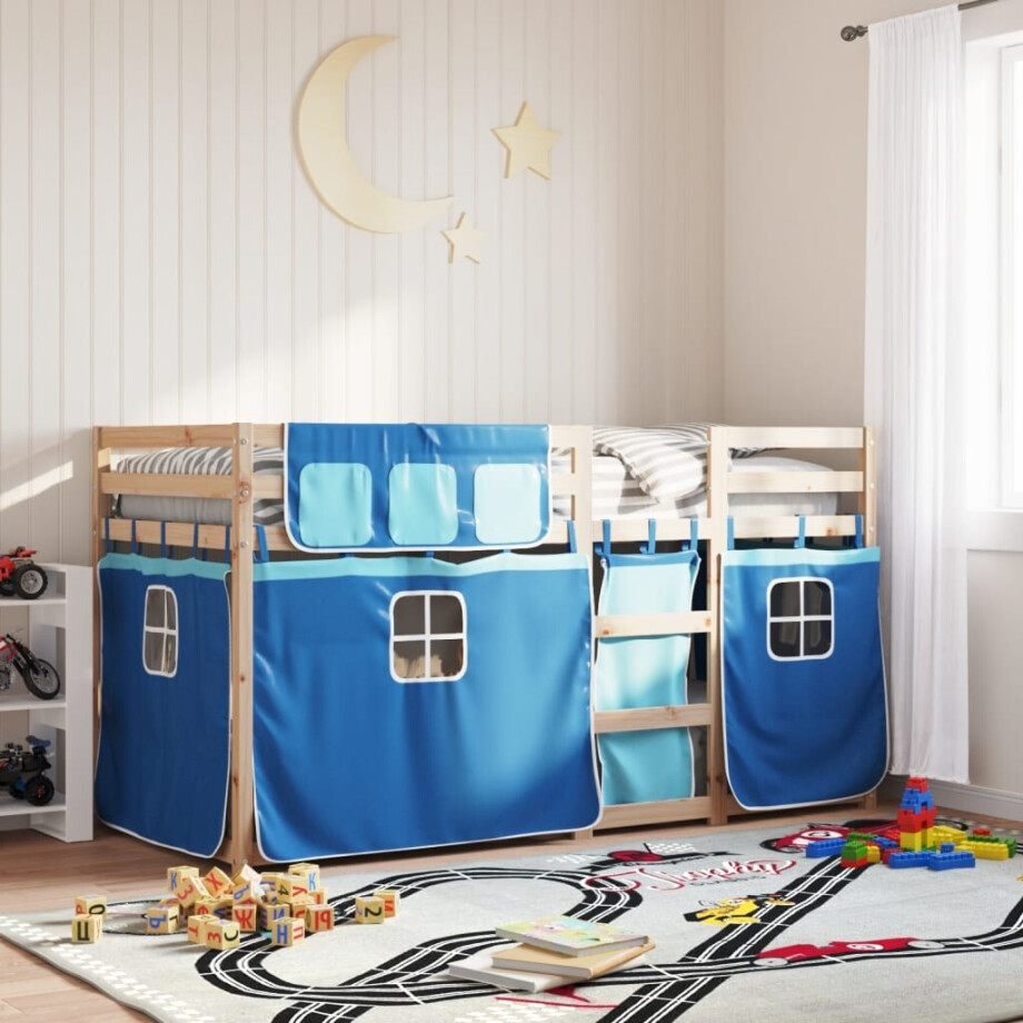 vidaXL Stapelbed met gordijnen 90x190 cm massief grenenhout blauw afbeelding 1