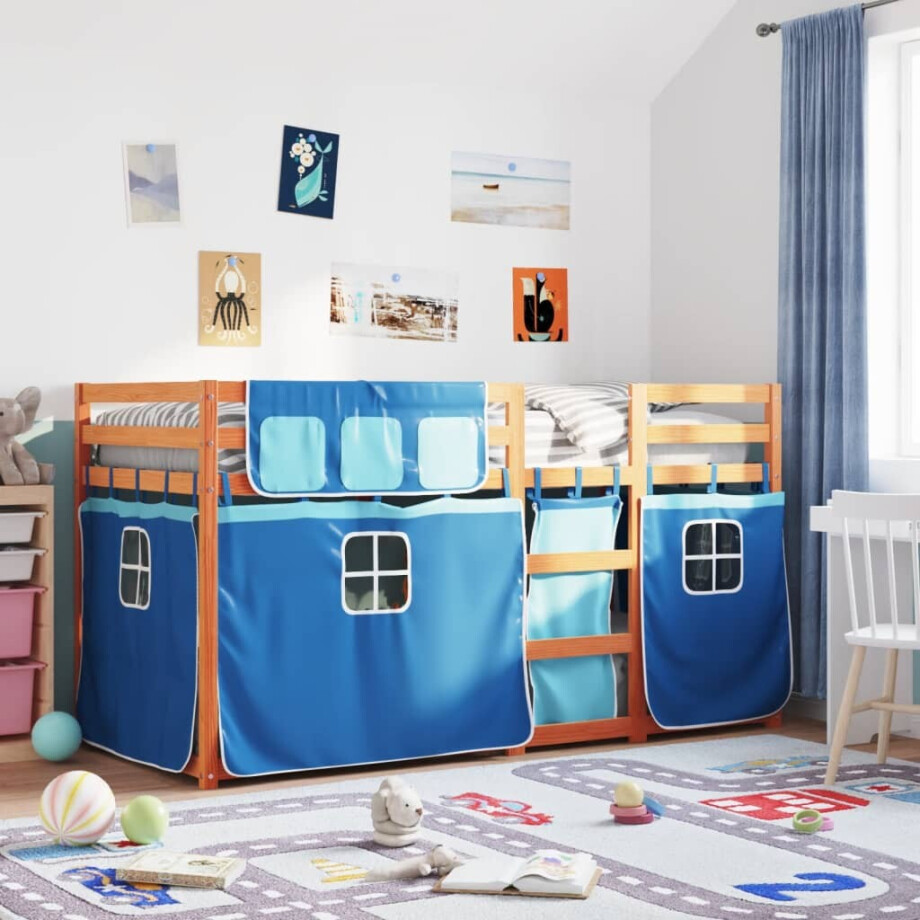 vidaXL Stapelbed met gordijnen 90x190 cm massief grenenhout blauw afbeelding 1