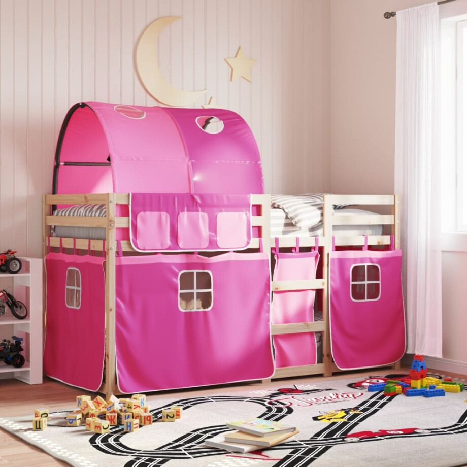 vidaXL Stapelbed met gordijnen 80x200 cm grenenhout roze afbeelding 1