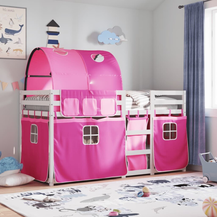 vidaXL Stapelbed met gordijnen 80x200 cm grenenhout roze afbeelding 1