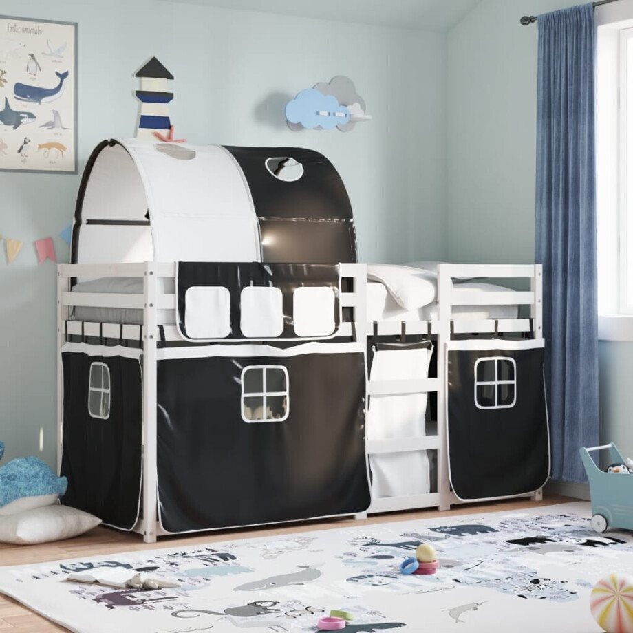 vidaXL Stapelbed met gordijnen 75x190 cm grenenhout wit en zwart vidaXL Stapelbed met gordijnen 75x190 cm grenenhout wit en zwart afbeelding 1