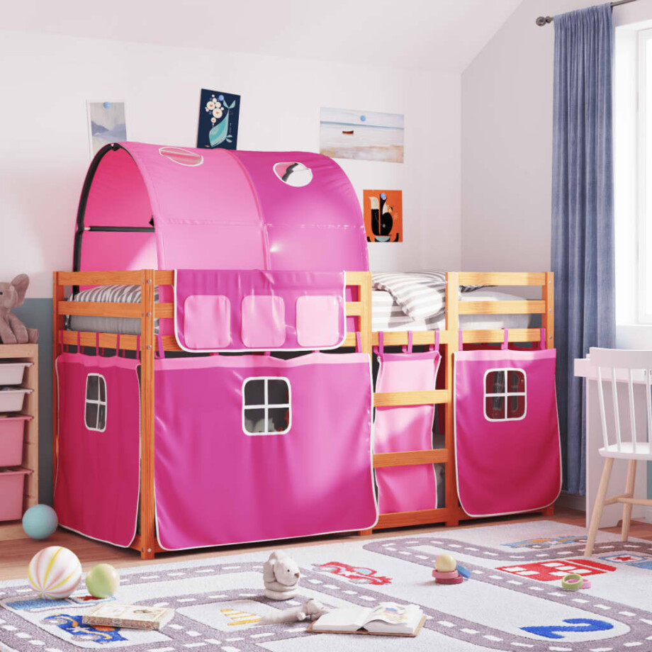 vidaXL Stapelbed met gordijnen 80x200 cm grenenhout roze afbeelding 1