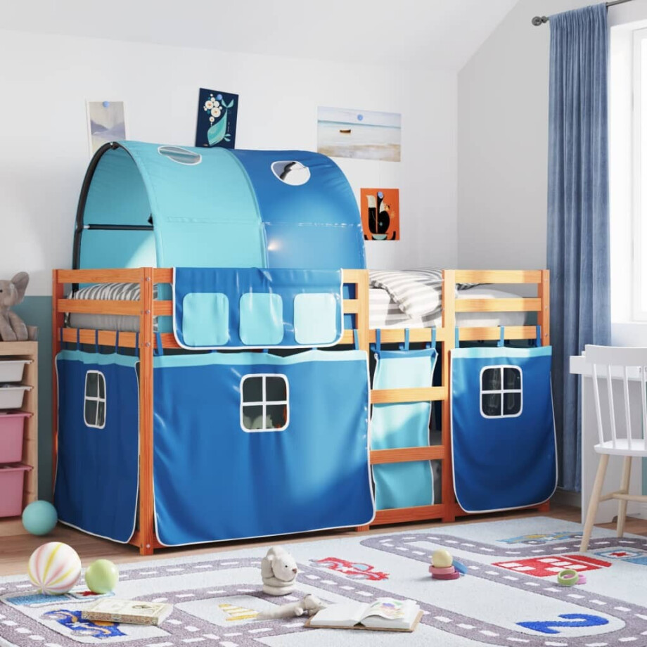 vidaXL Stapelbed met gordijnen 75x190 cm massief grenenhout blauw vidaXL Stapelbed met gordijnen 75x190 cm massief grenenhout blauw afbeelding 1