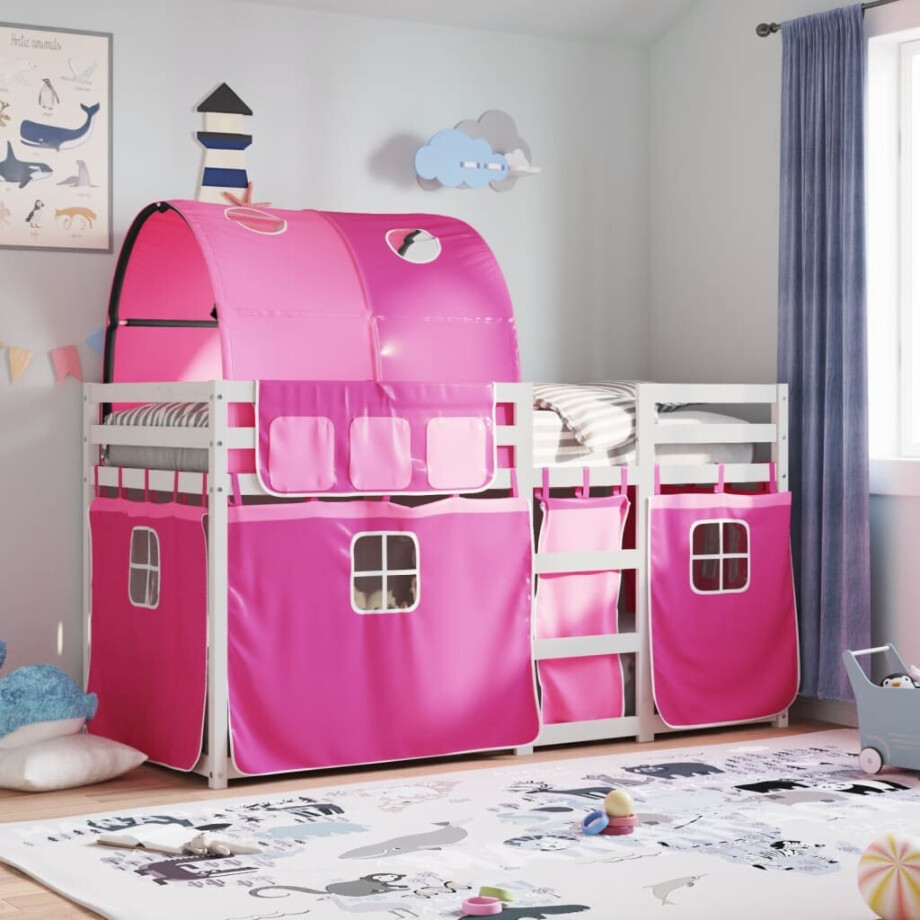 vidaXL Stapelbed met gordijnen 90x190 cm grenenhout roze afbeelding 1