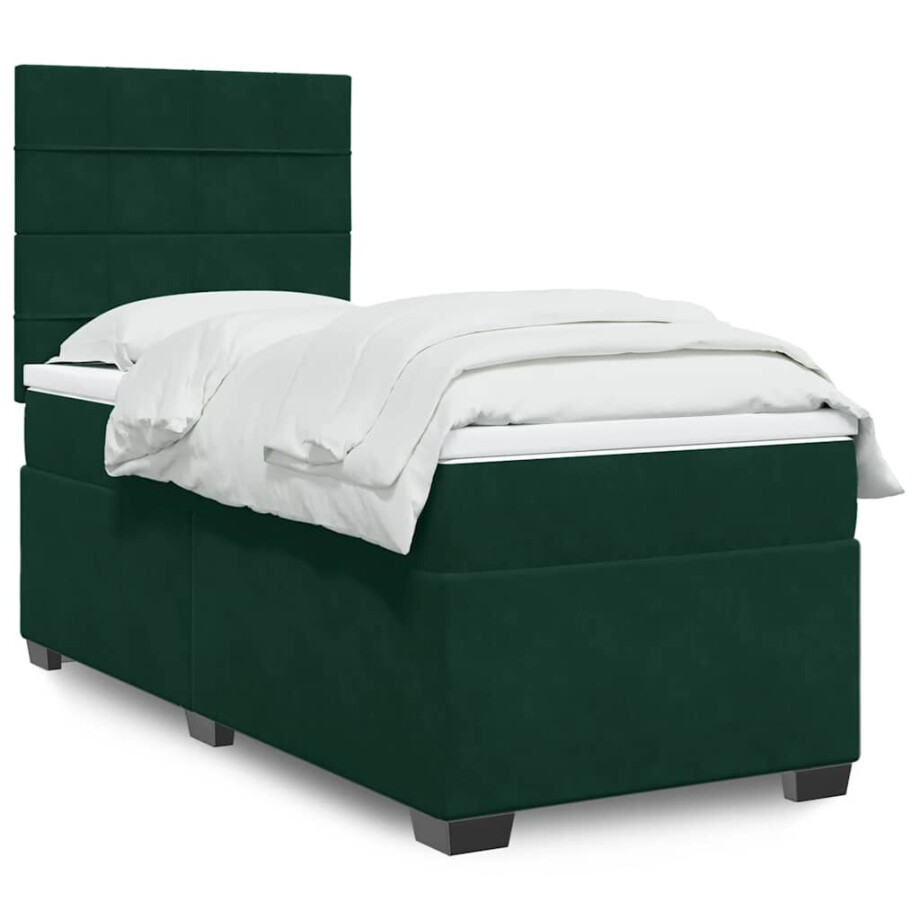 vidaXL Boxspring met matras fluweel donkergroen 90x200 cm afbeelding 1