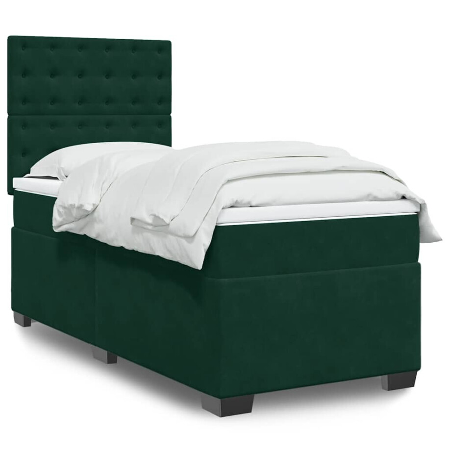 vidaXL Boxspring met matras fluweel donkergroen 90x200 cm afbeelding 1