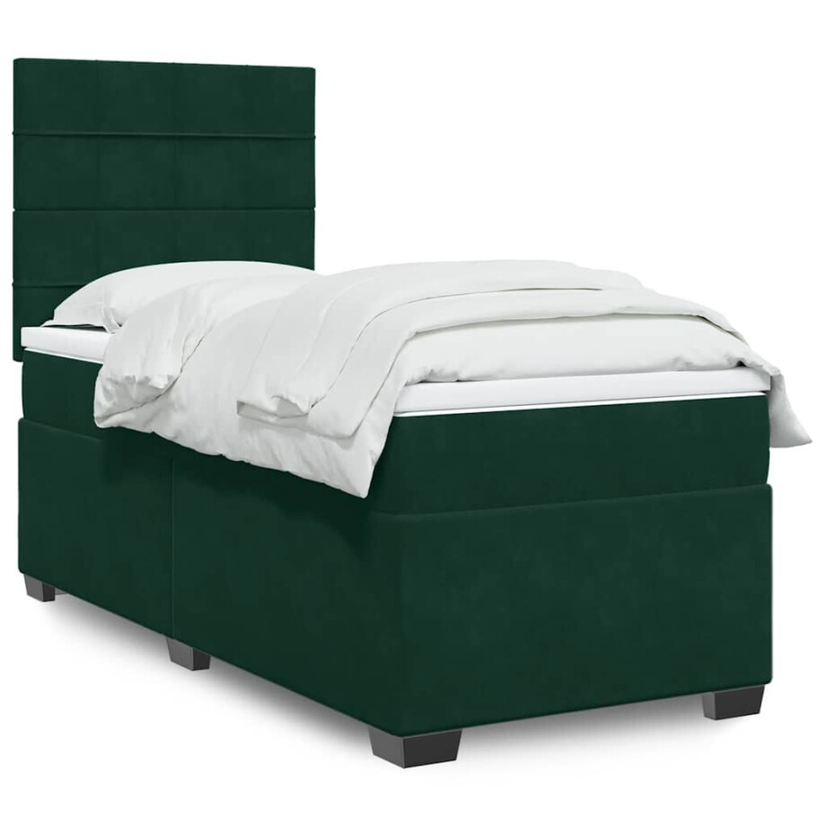 vidaXL Boxspring met matras fluweel donkergroen 100x200 cm afbeelding 1