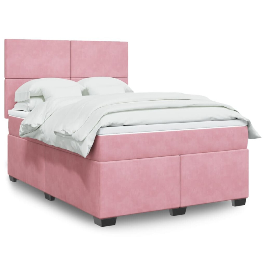 vidaXL Boxspring met matras fluweel roze 140x200 cm afbeelding 1
