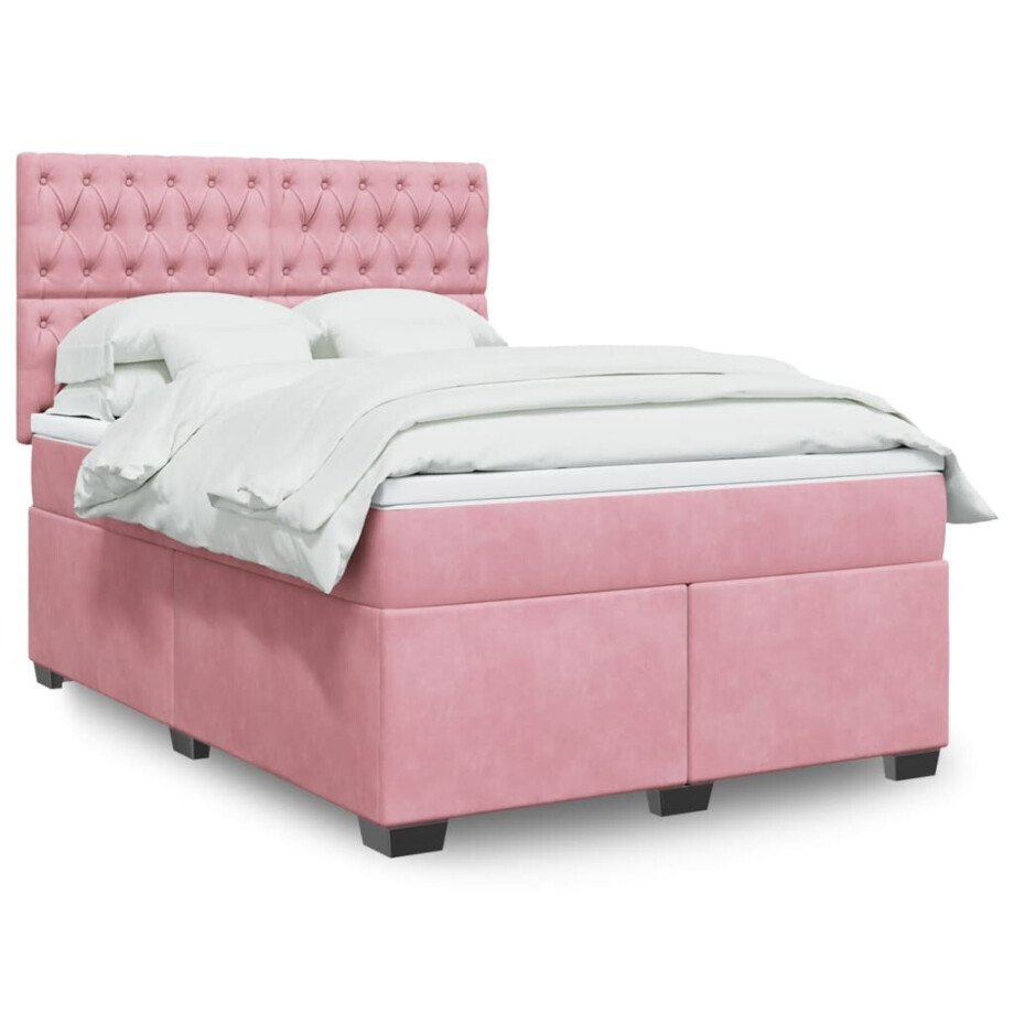 vidaXL Boxspring met matras fluweel roze 140x200 cm afbeelding 1