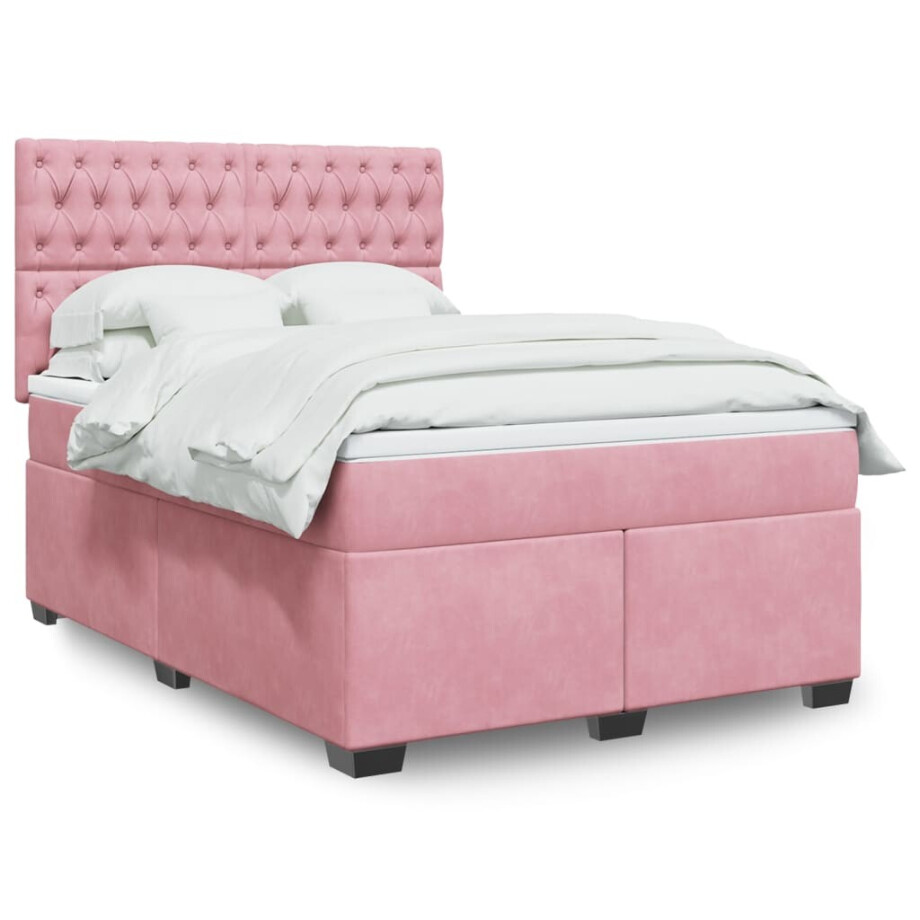 vidaXL Boxspring met matras fluweel roze 160x200 cm afbeelding 1