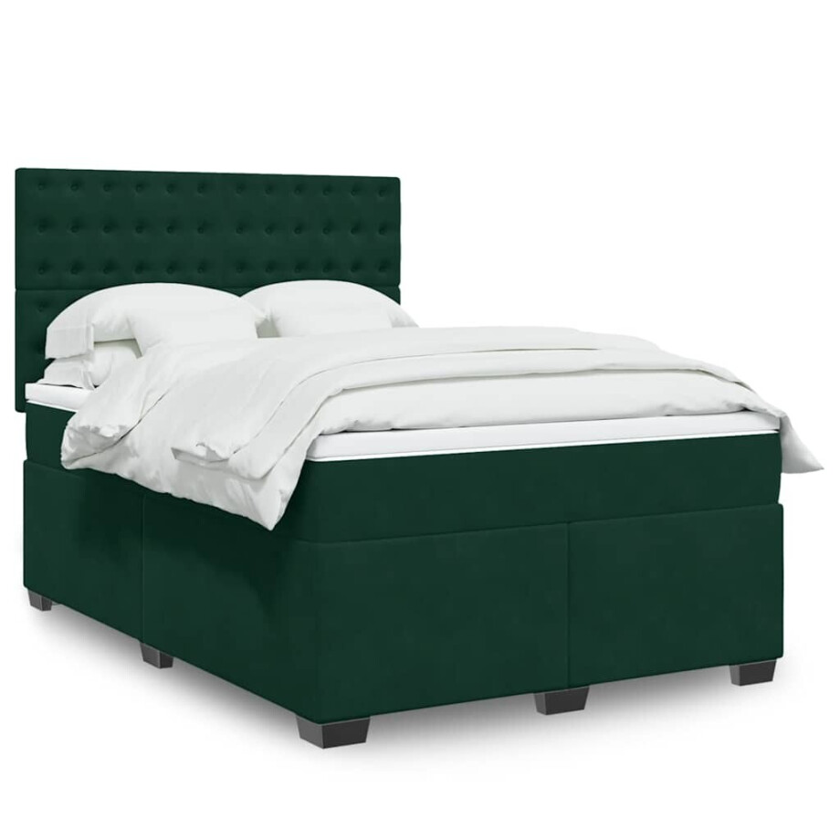 vidaXL Boxspring met matras fluweel donkergroen 160x200 cm afbeelding 1