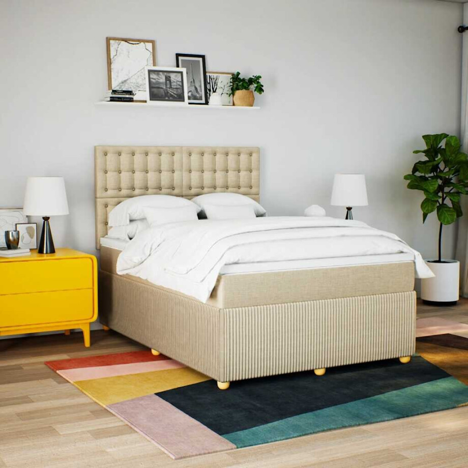vidaXL Boxspring met matras stof crèmekleurig 160x200 cm afbeelding 1