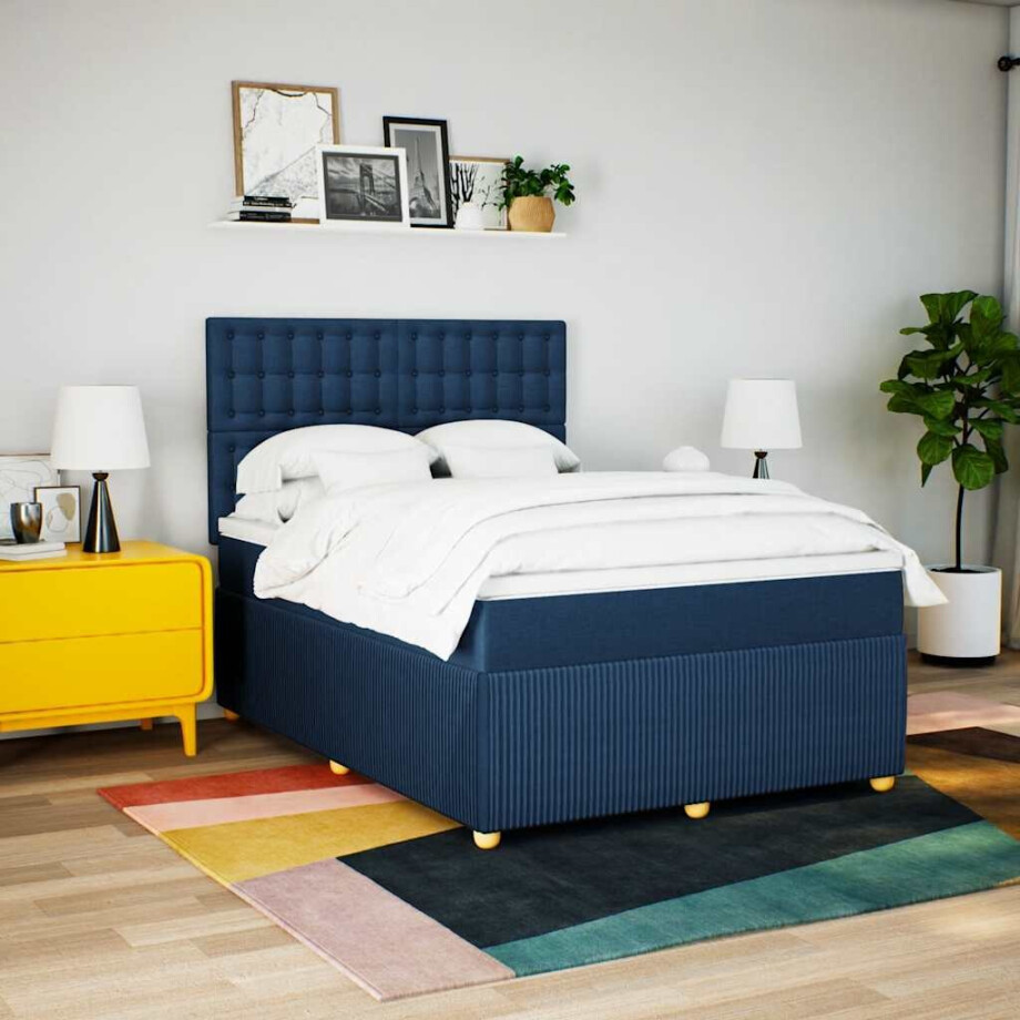 vidaXL Boxspring met matras stof blauw 160x200 cm afbeelding 1