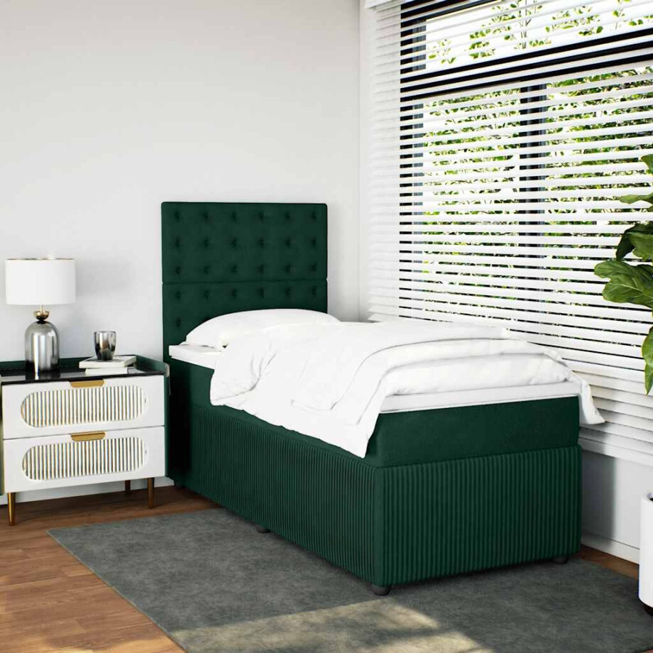vidaXL Boxspring met matras fluweel donkergroen 80x200 cm afbeelding 1