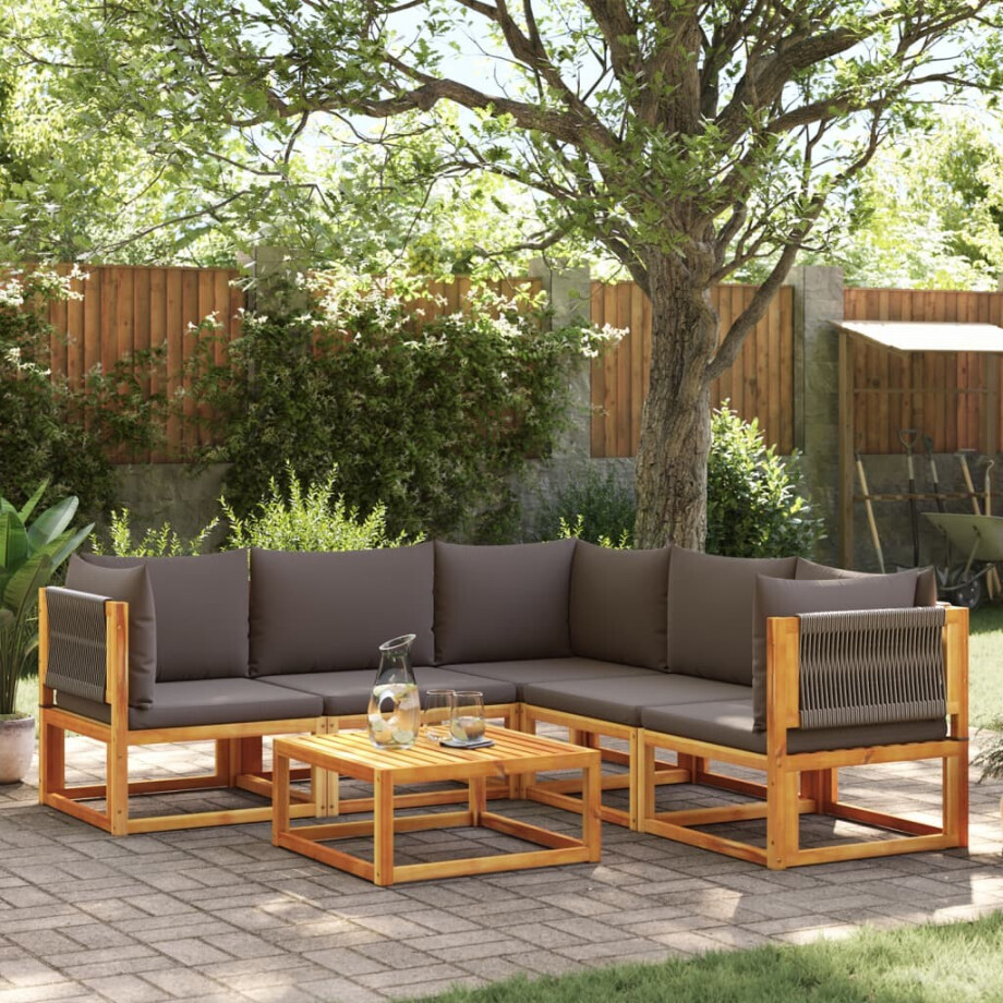 vidaXL 6-delige tuinbankset met kussens acaciahout & touw afbeelding 1
