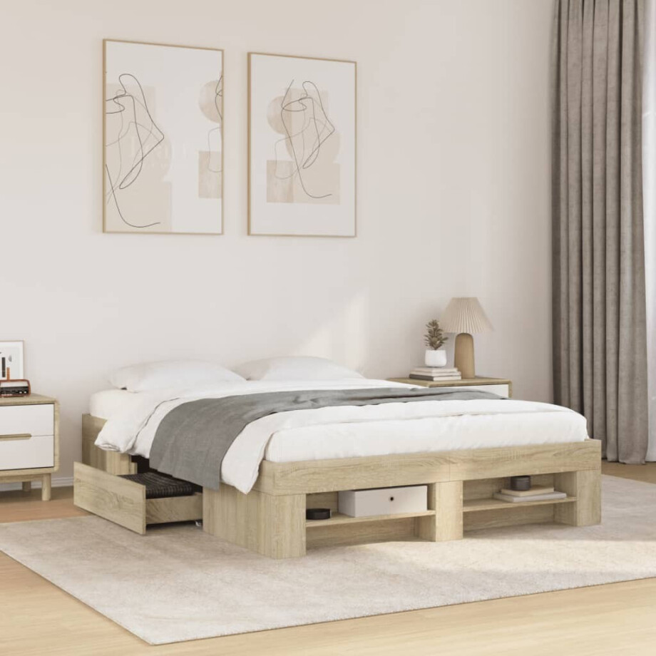 vidaXL Bedframe bewerkt hout sonoma eikenkleurig 135x190 cm afbeelding 1