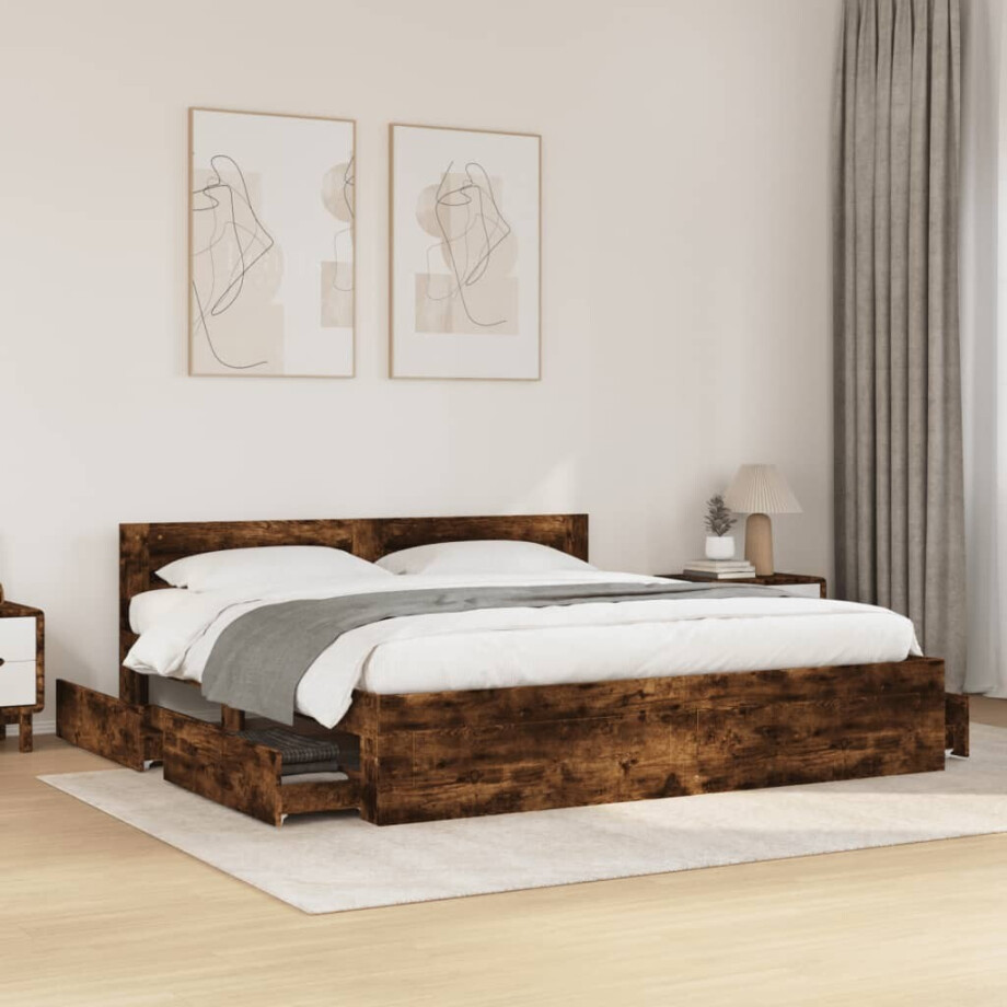 vidaXL Bedframe met hoofdeinde bewerkt hout gerookt eiken 180x200 cm afbeelding 1
