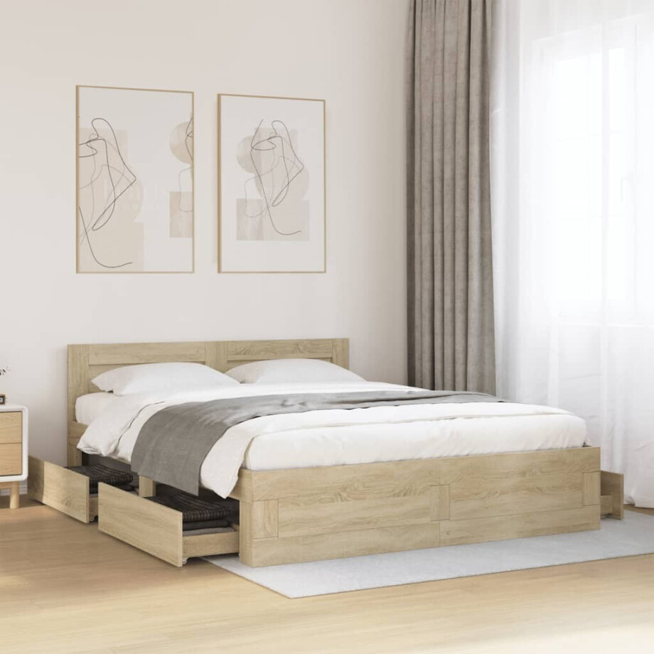vidaXL Bedframe met hoofdeinde bewerkt hout sonoma eiken 150x200 cm afbeelding 1