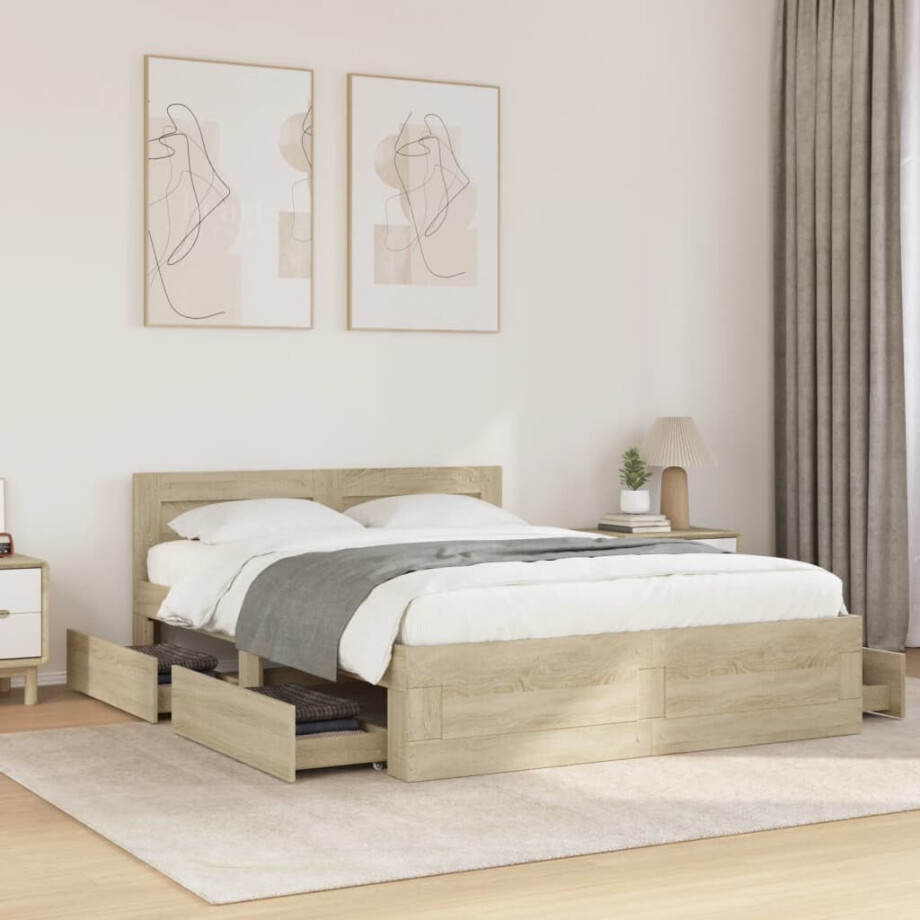 vidaXL Bedframe met hoofdeinde bewerkt hout sonoma eiken 135x190 cm afbeelding 1
